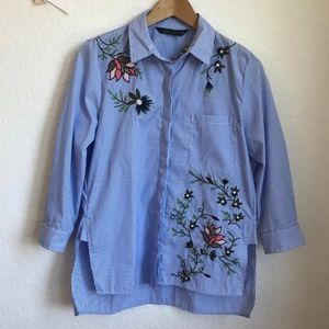 Zara woman poplin embroidered striped shirt flower